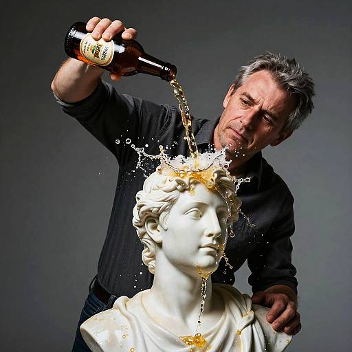 Man Pouring Beer on Statue