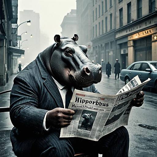 Hippopotamus in Suit Reading Newspaper