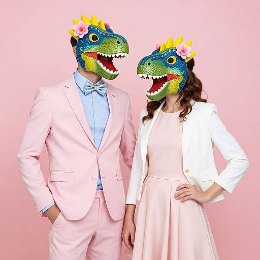 Photograph of a man in a pink suit and a woman in a white dress, both wearing colorful, cartoonish dinosaur masks with yellow crowns,