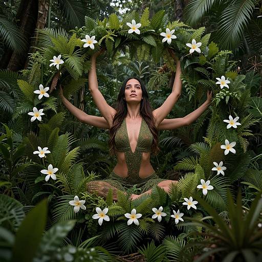 Photograph of a woman with long dark hair, wearing a green, leafy, plunging outfit, sitting in a lush forest, holding a white