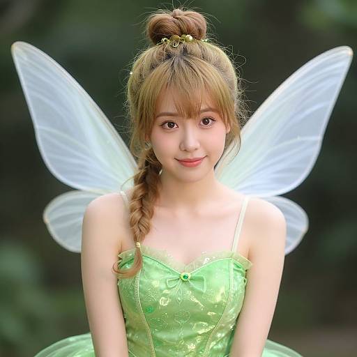 Photograph of a young Asian girl with light brown hair in a bun, wearing a green fairy dress and translucent wings, smiling softly against a green blurred