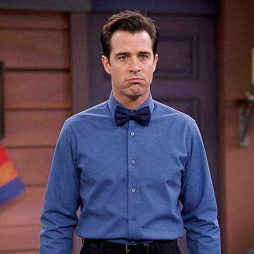 Photograph of a serious-looking Caucasian man with short dark hair, wearing a blue dress shirt, black bow tie, and black pants, standing in front