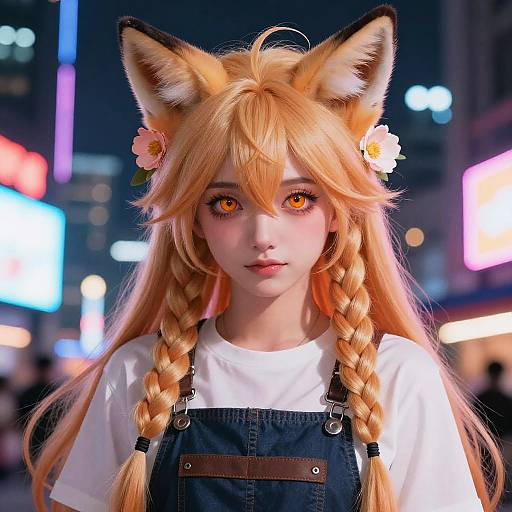 Fox Woman Anime Portrait Neon City