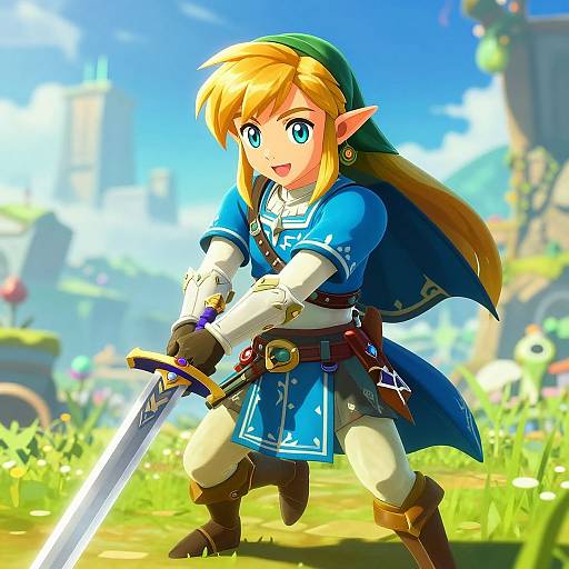 Digital anime-style drawing of a young, blonde, elf-like warrior with blue eyes, wearing a green headband, blue tunic, white shirt,