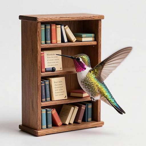 Photograph of a colorful hummingbird with iridescent green and purple feathers hovering in front of a wooden bookshelf filled with books and labels.