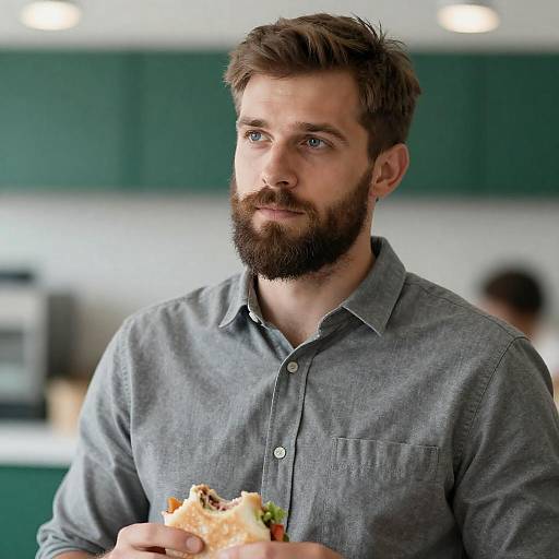 Thoughtful Bearded Man Holding Sandwich