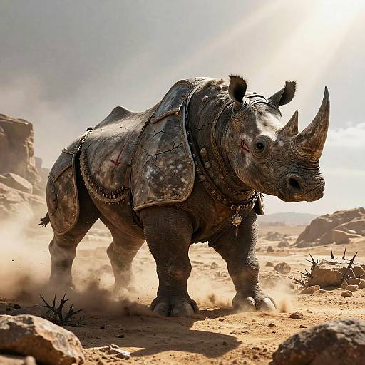Digital artwork of a heavily armored, fantasy rhinoceros with spiked shoulders and chest plate, standing in a dusty, sunlit desert landscape.