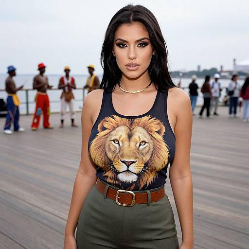 Photograph of a brunette woman with long hair, wearing a black tank top with a realistic lion face, green high-waisted pants, and a