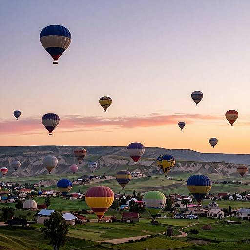 Photograph of a vibrant sunrise over a rural village with multiple colorful hot air balloons floating above green rolling hills.