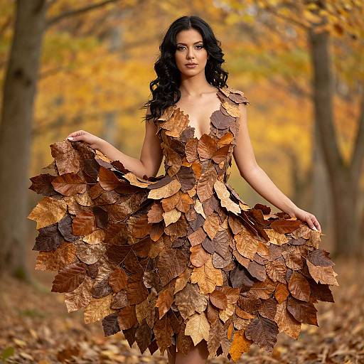 Photograph of a woman with long black hair wearing a dress made of brown and orange autumn leaves, standing in a forest with yellow and orange fall foliage