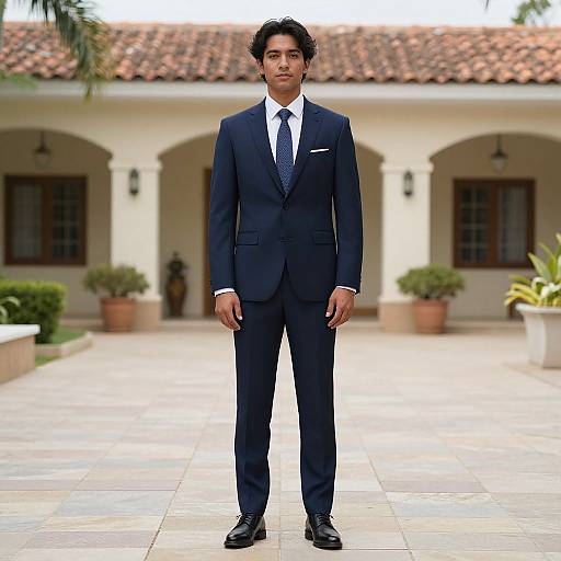 Photograph of a young Asian man in a dark navy suit, white shirt, and black tie, standing in a tiled courtyard with a Mediterranean-style house