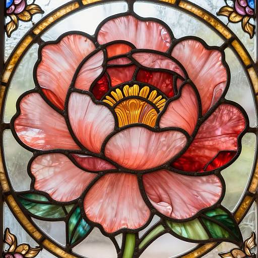 Stained glass artwork of a vibrant pink rose with red and yellow center, surrounded by green leaves and golden border.