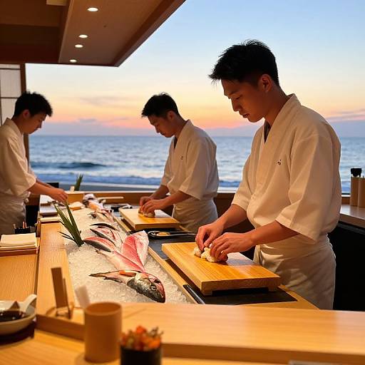 Photograph of three male chefs in white uniforms slicing fish at a sunset seaside restaurant counter, with ocean view in background.