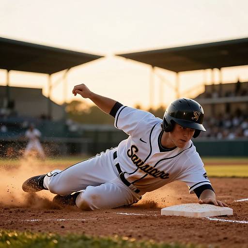 Photograph of a baseball player in white uniform sliding into base, dust flying, sunset background, black helmet, 