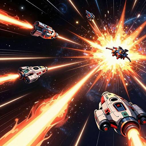 Dynamic space battle illustration: Four colorful, futuristic spacecraft firing intense orange and red laser blasts at a central, exploding target in a star-filled, dark cosmic