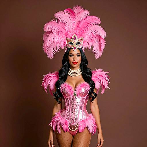 Woman in Pink Showgirl Costume with Feathered Headdress