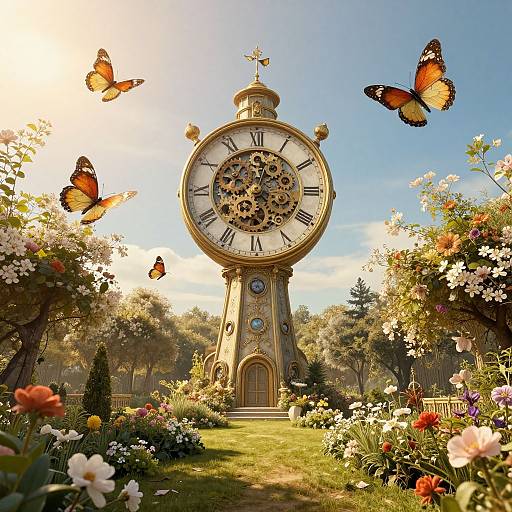 Photograph of a sunlit garden with a golden, clock-tower centerpiece, surrounded by blooming flowers and fluttering orange and black butterflies.