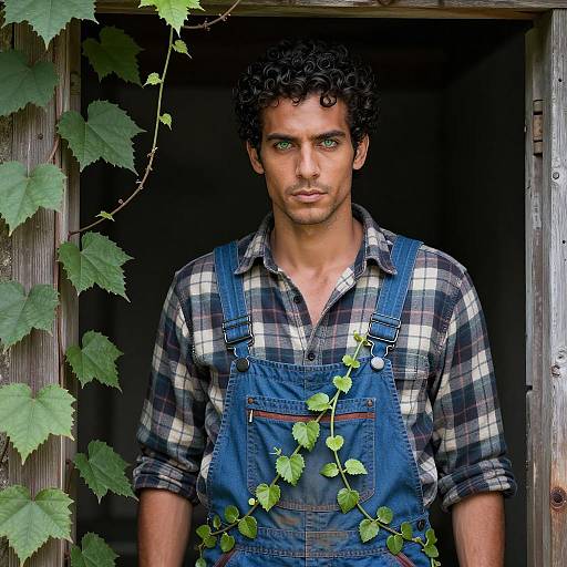 Vine-Covered Man in Dim Doorway