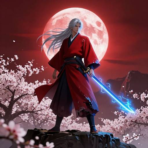 Digital anime-style illustration of a silver-haired man in a red kimono, wielding a glowing blue sword, standing on a rock with cherry blossoms and