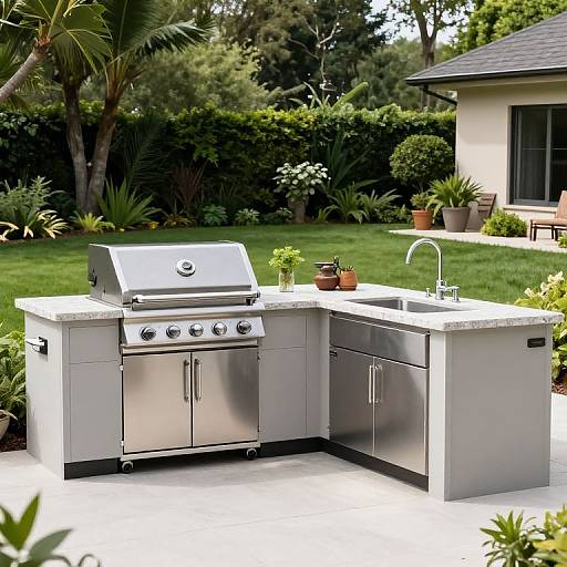 Photograph of a modern outdoor kitchen with stainless steel grill, sink, and cabinets, set on a white stone patio, surrounded by lush greenery and