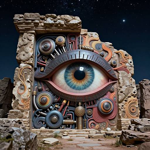 Surreal Mechanical Eye in Ruins