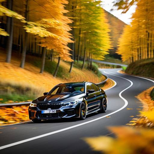 Black BMW M5 on Winding Autumn Road