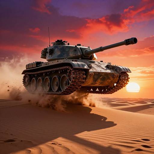 Photograph of a camouflaged tank charging across a sandy desert at sunset, with vibrant red and orange sky, dust clouds, and dramatic lighting.