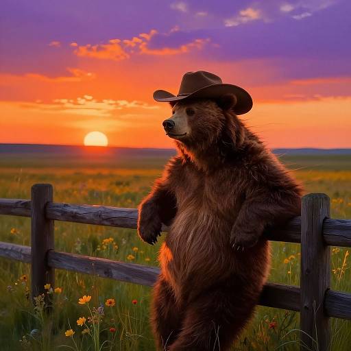 Photograph of a brown bear standing on hind legs, wearing a cowboy hat, against a vibrant sunset sky over a grassy field with a wooden fence