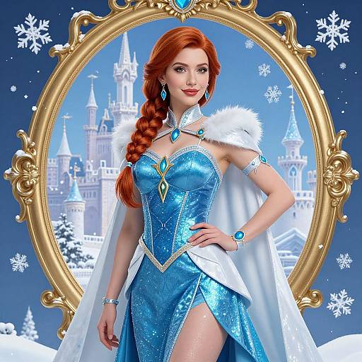 Digital art of a red-haired woman in a blue, sparkling Snow Queen dress with white fur, framed by a gold oval, castle backdrop, snowfl