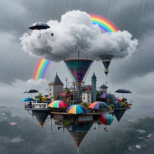 Fantastical floating village with colorful umbrellas, rainbow, and rainclouds; surrounded by rain, featuring traditional European-style buildings and hot air balloons