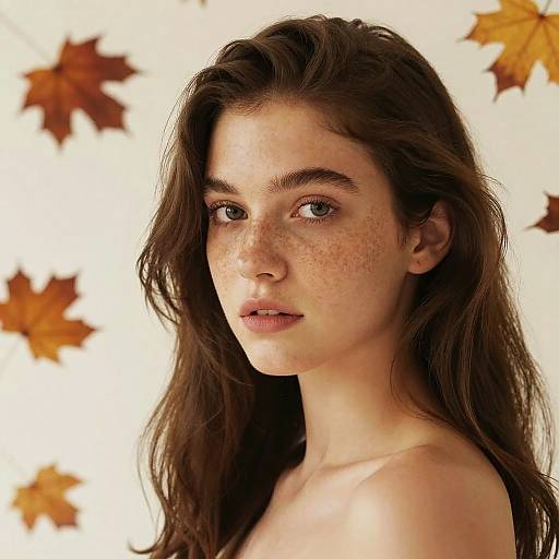 Photograph of a young, fair-skinned woman with long, dark brown hair, freckles, and subtle makeup, against a white background with