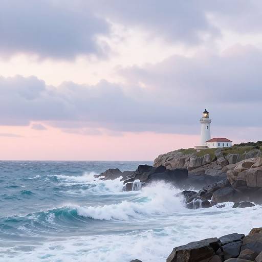 Photograph of a white lighthouse with a black roof perched on rocky cliffs, surrounded by crashing ocean waves under a cloudy, pastel sunset sky