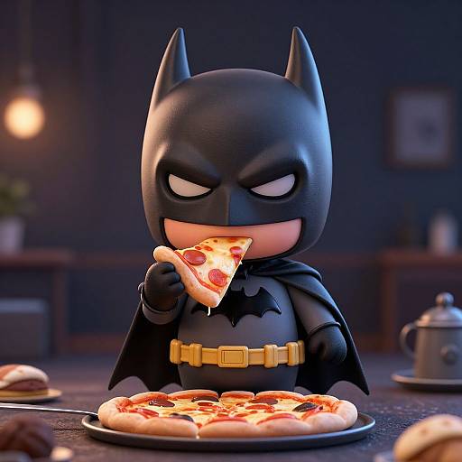 Chibi Batman Eating Pizza Render
