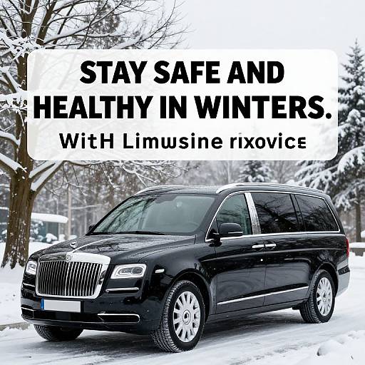 Photograph of a black luxury sedan on a snowy road with bare trees, text overlay: 