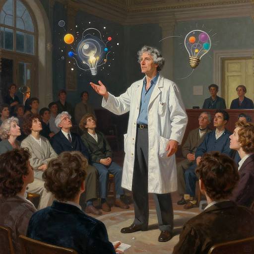 Photorealistic painting of a gray-haired male scientist in a white lab coat, standing and pointing at floating light bulbs, lecturing a seated audience in