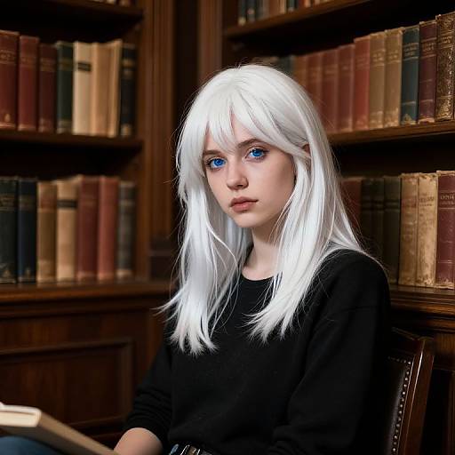 White-Haired Girl in Cozy Library