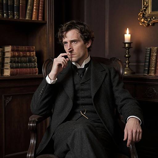 Photograph of a contemplative, curly-haired man in 19th-century black suit, sitting in dimly lit, wooden library with candle, books