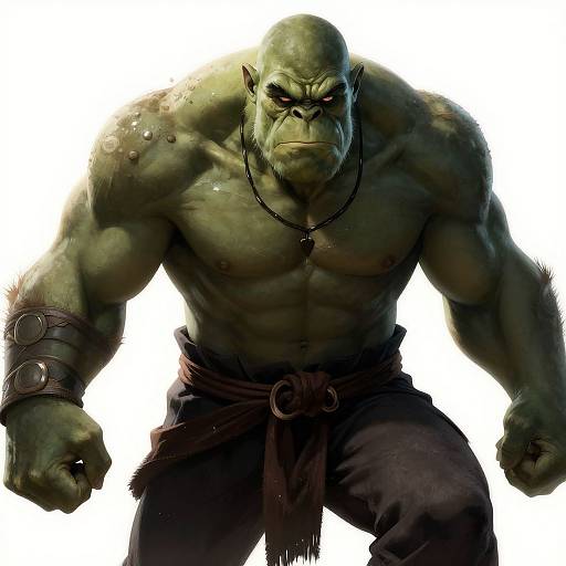 Digital illustration of a muscular, green-skinned orc with a stern expression, wearing a leather necklace and brown pants with a belt, against a white background