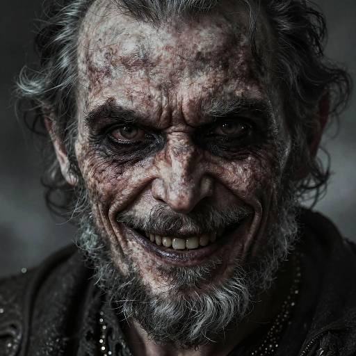 Close-up photograph of a menacing, aged man with wild gray hair, dark makeup, blood-streaked face, and sinister smile against a dark,