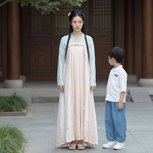 Photograph of an Asian woman with long black hair in a white and peach hanbok, standing beside a young boy in a white shirt and blue
