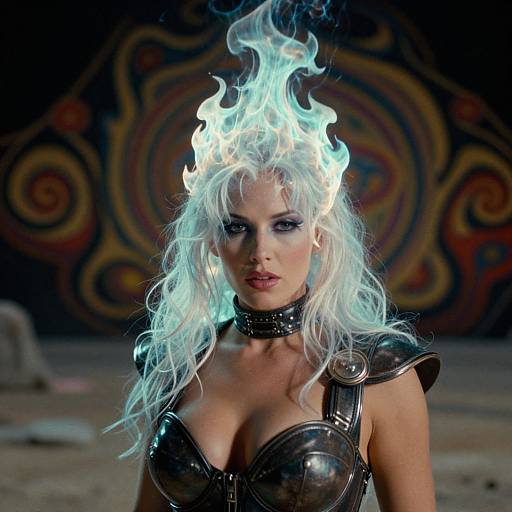 Photograph of a pale-skinned woman with long white hair and blue flames on her head, wearing black metallic armor and choker, against a colorful