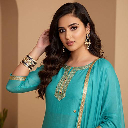 Photograph of a South Asian woman with long, wavy black hair, wearing a turquoise kameez with gold embroidery, jewelry, and a nose