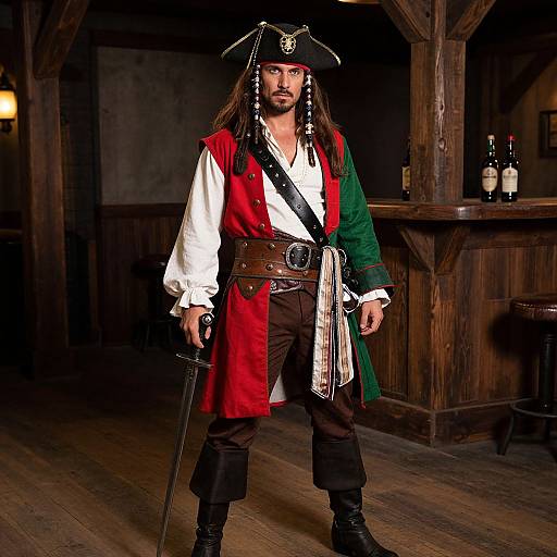 Photograph of a rugged, bearded pirate with long hair, wearing a tri-colored red-green-white vest, white shirt, black pants, and pirate