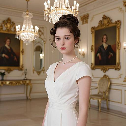 Photorealistic CGI of a pale-skinned, dark-haired woman in a white, V-neck dress, pearl necklace, standing in an ornate,