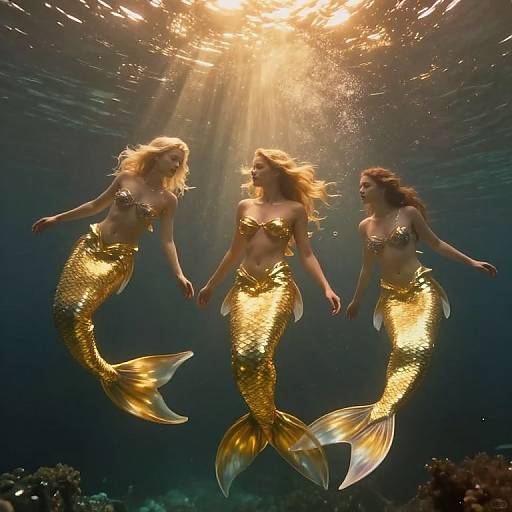 Photograph of three golden mermaids with shimmering scales, flowing blonde hair, and topless upper bodies, swimming underwater in sunlight.