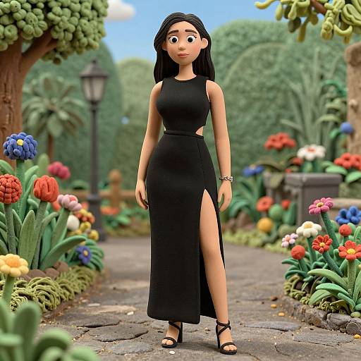 Digital illustration of a cute, black-haired woman in a sleeveless black dress with a high slit, standing in a colorful, blooming garden path.
