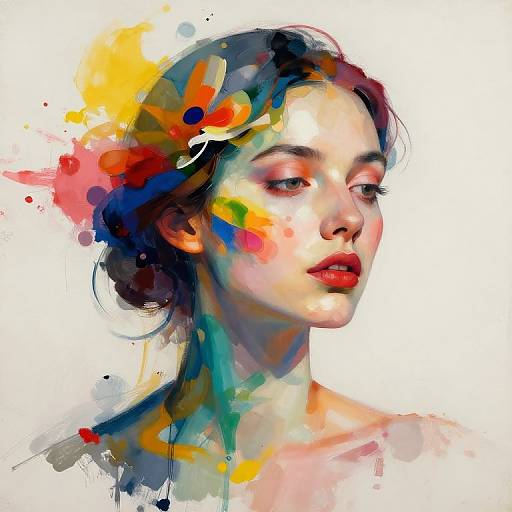 Digital painting of a fair-skinned woman with red lips, dark hair, and colorful abstract splashes, gazing softly to the side.