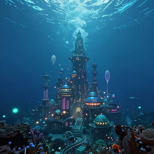 Photograph of a vibrant, underwater-themed fantasy castle illuminated with blue and purple lights, surrounded by glowing jellyfish and oceanic elements.