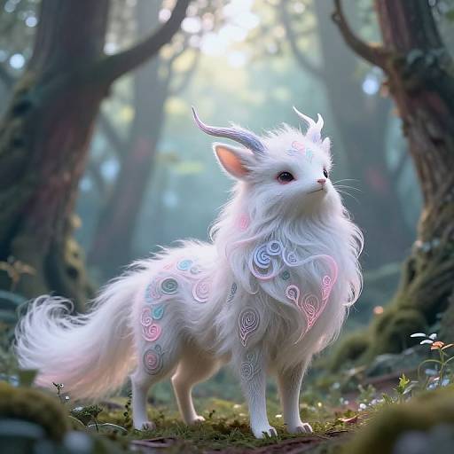 Digital fantasy art of a white, fluffy, mythical fox-like creature with glowing, colorful spiral patterns in a mystical forest.