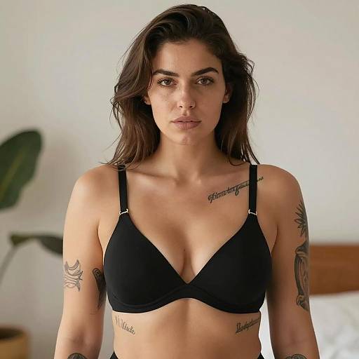 Confident Woman in Black Bra and Tattoos